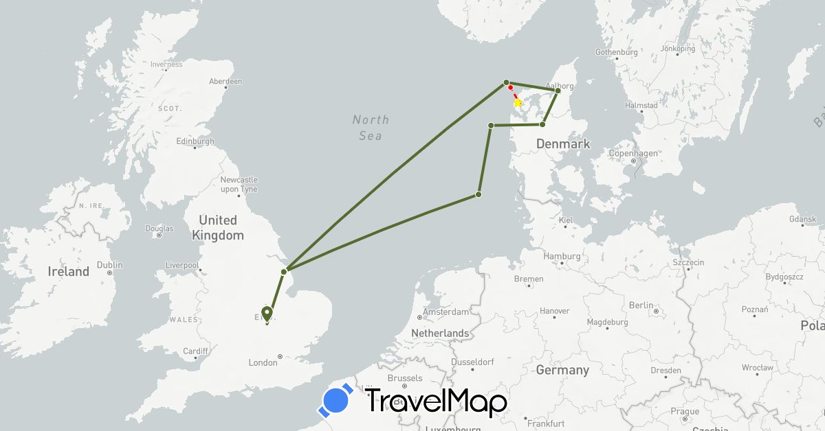 TravelMap itinerary: mission flight - green, mission flight - red in Denmark, United Kingdom (Europe)