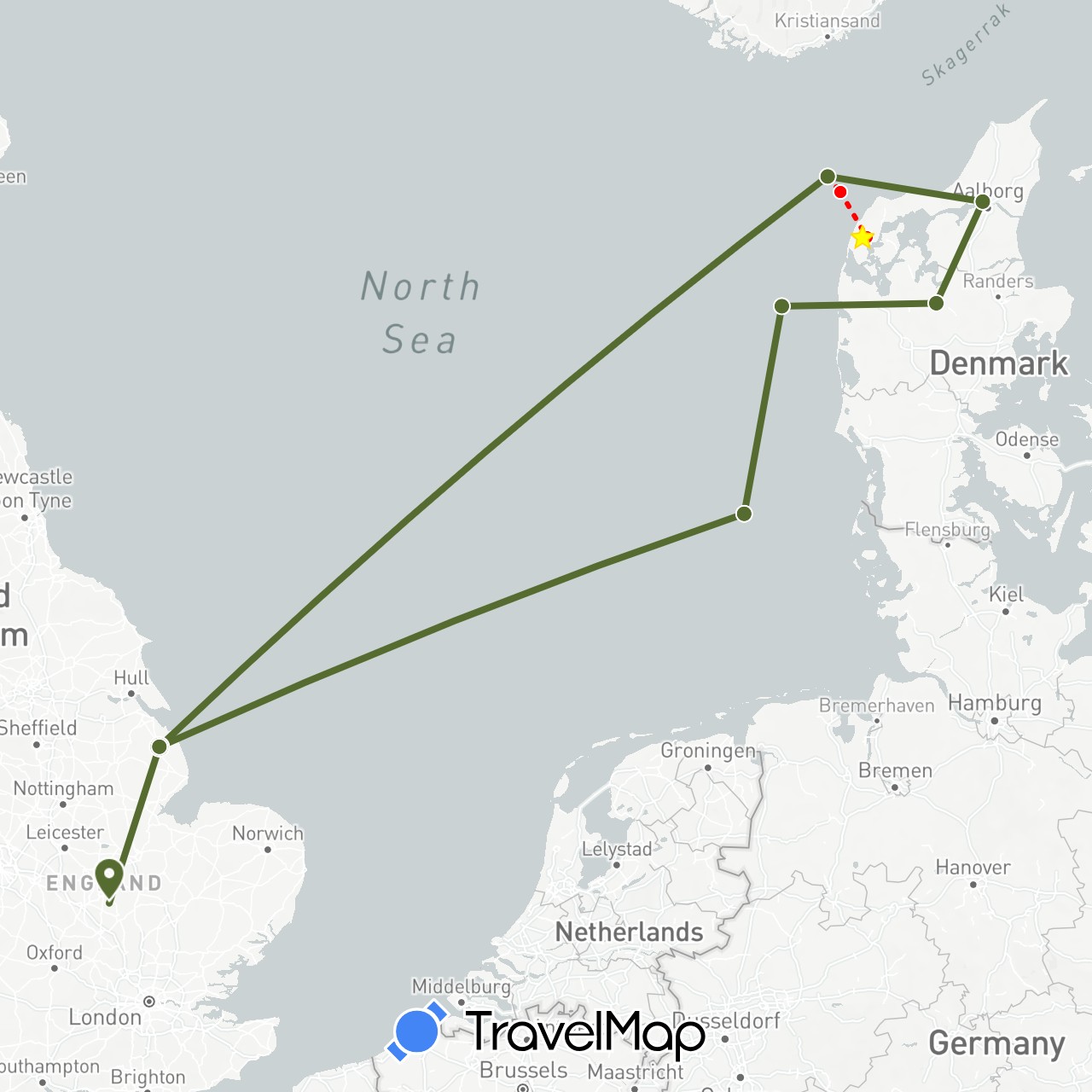 TravelMap itinerary: mission flight - green, mission flight - red in Denmark, United Kingdom (Europe)
