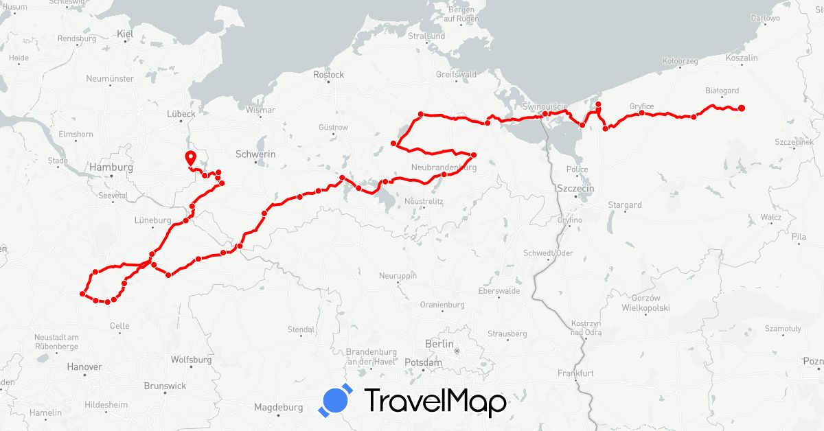 TravelMap itinerary: hiking, forced march in Germany, Poland (Europe)