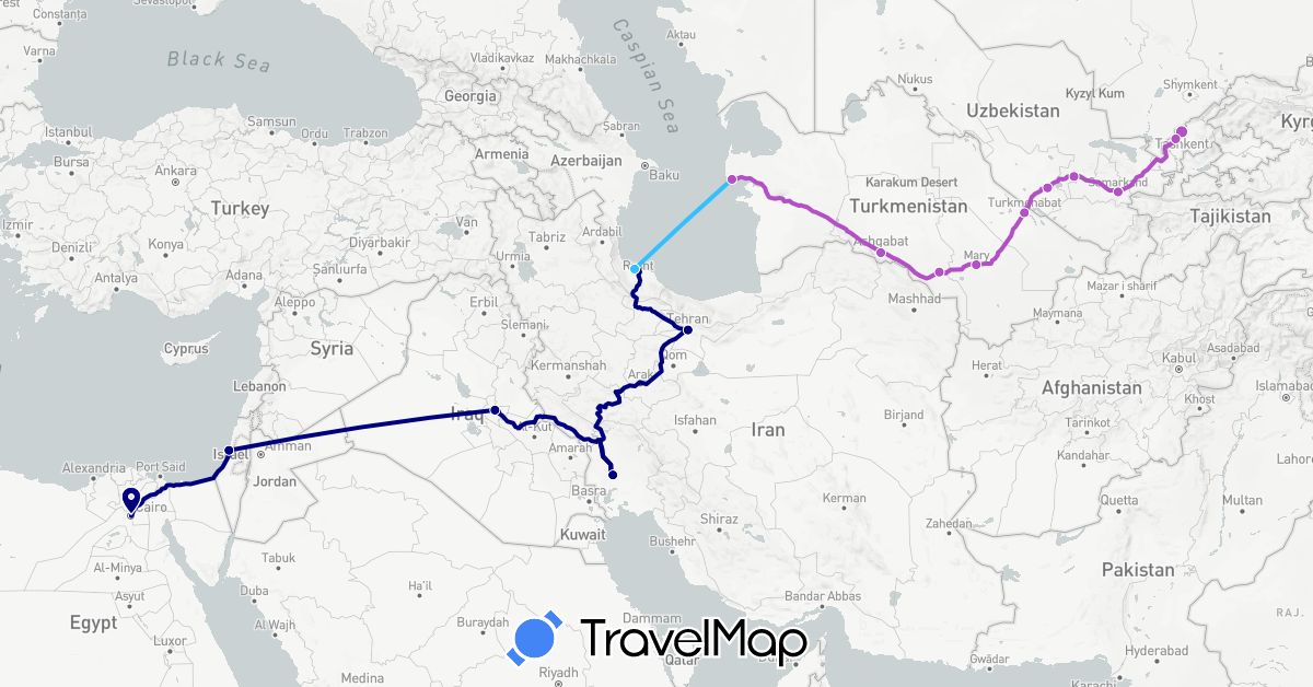 TravelMap itinerary: driving, train, boat in Egypt, Israel, Iraq, Iran, Turkmenistan, Uzbekistan (Africa, Asia)