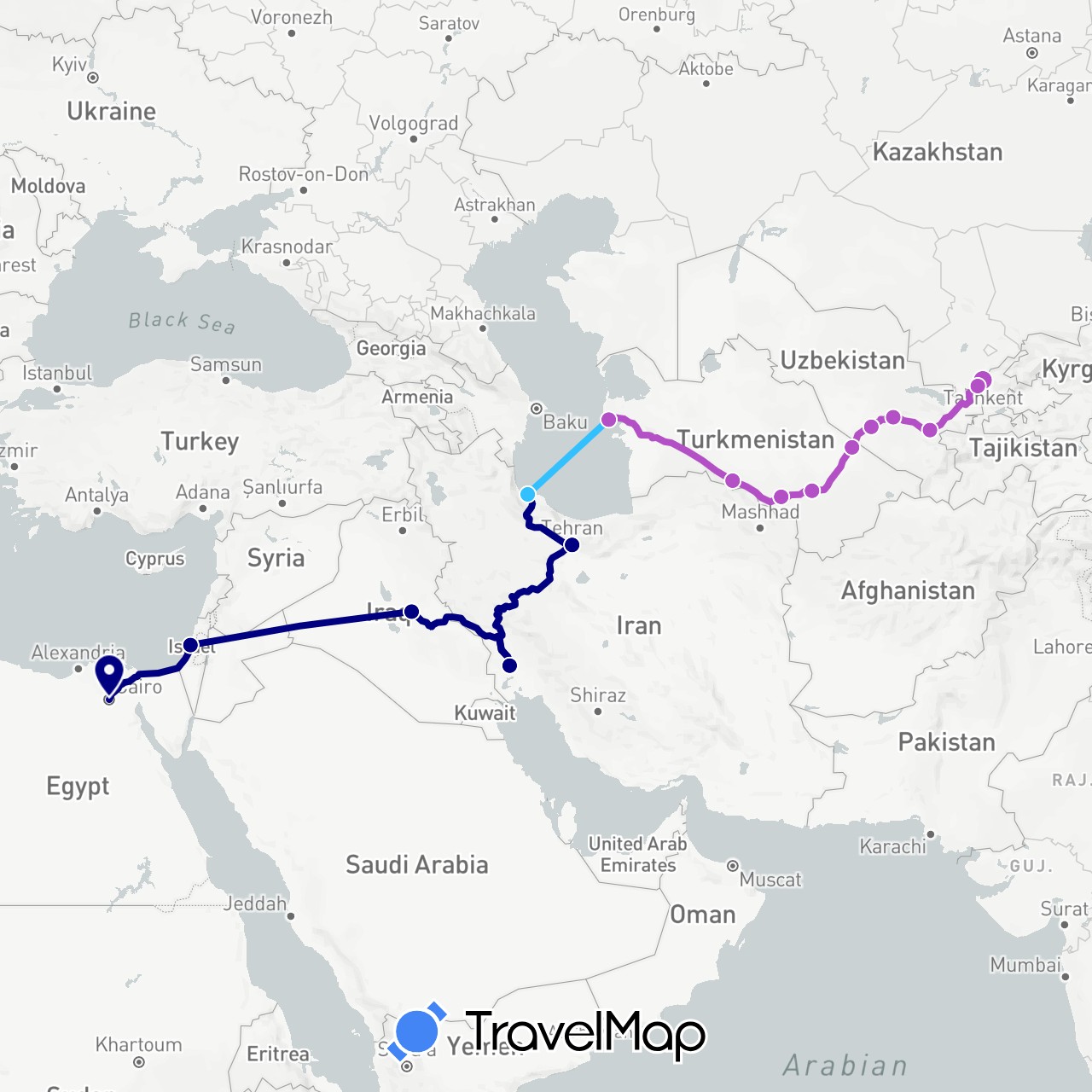 TravelMap itinerary: driving, train, boat in Egypt, Israel, Iraq, Iran, Turkmenistan, Uzbekistan (Africa, Asia)