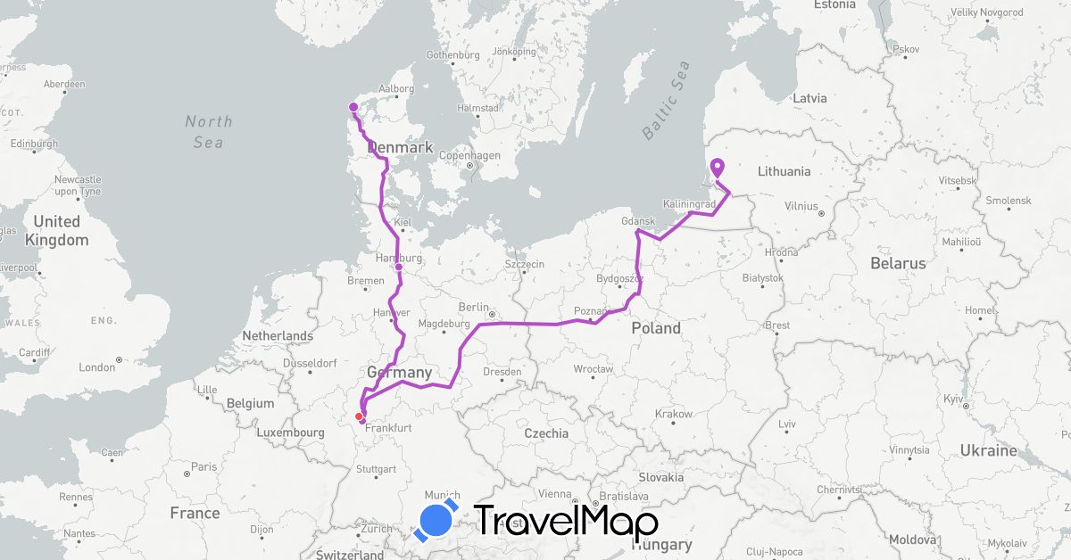 TravelMap itinerary: driving, train, hiking in Germany, Denmark, Lithuania (Europe)