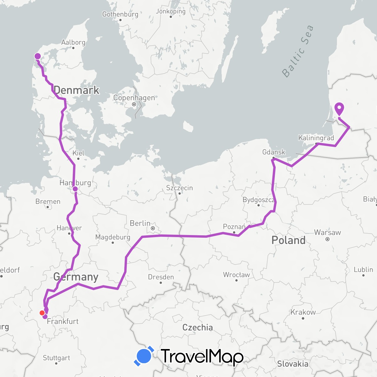 TravelMap itinerary: driving, train, hiking in Germany, Denmark, Lithuania (Europe)