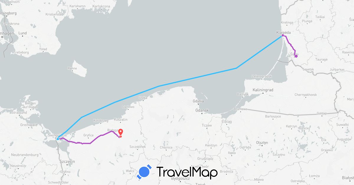 TravelMap itinerary: driving, train, hiking, boat in Lithuania, Poland (Europe)