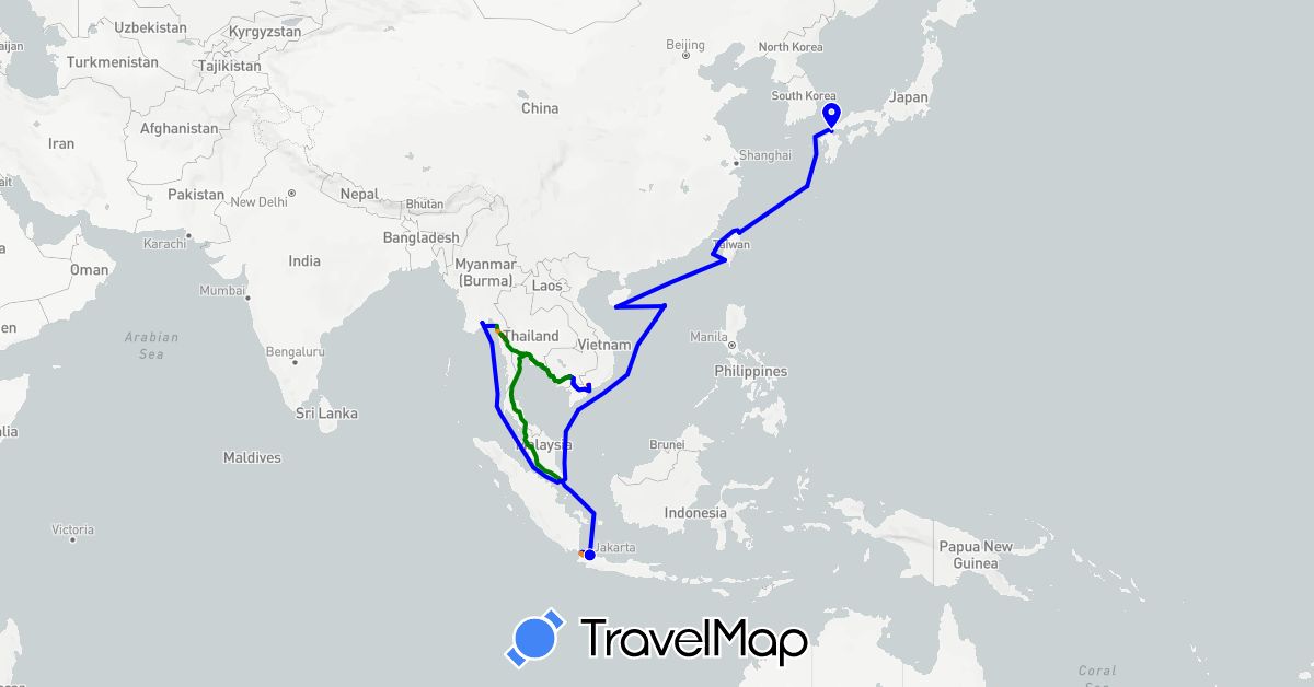 TravelMap itinerary: driving, road, forced march, ship, railway in China, Indonesia, Japan, Cambodia, Myanmar (Burma), Singapore, Thailand, Taiwan, Vietnam (Asia)