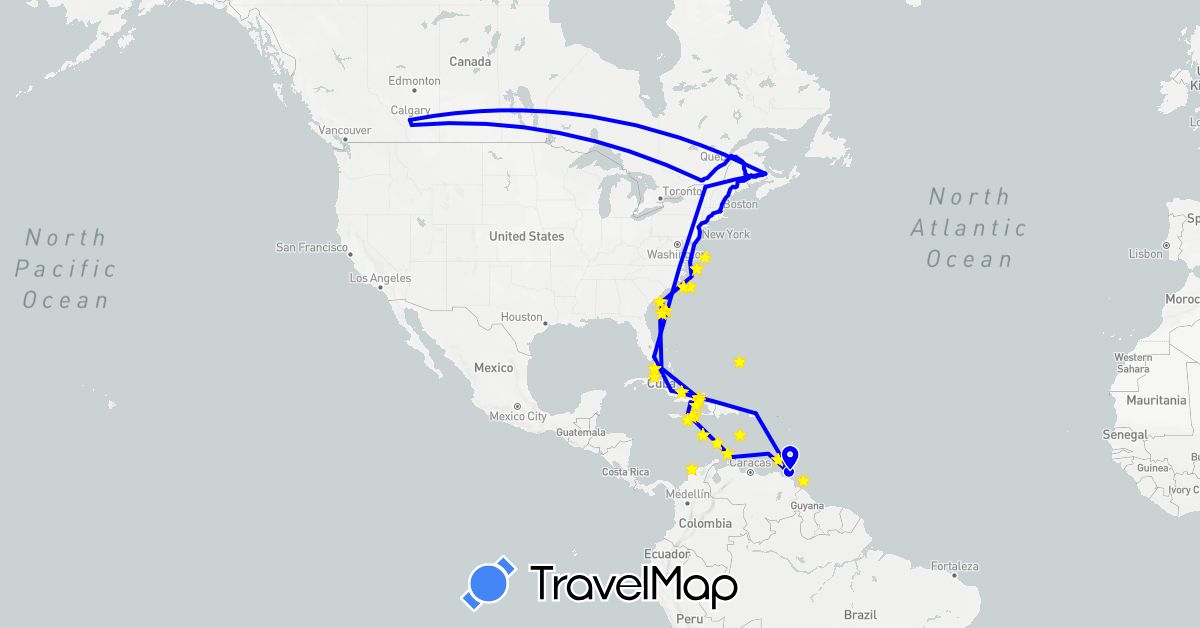 TravelMap itinerary: driving, ship, railway, cyril devaux's journey in Canada, Cuba, Puerto Rico, Trinidad and Tobago, United States (North America)