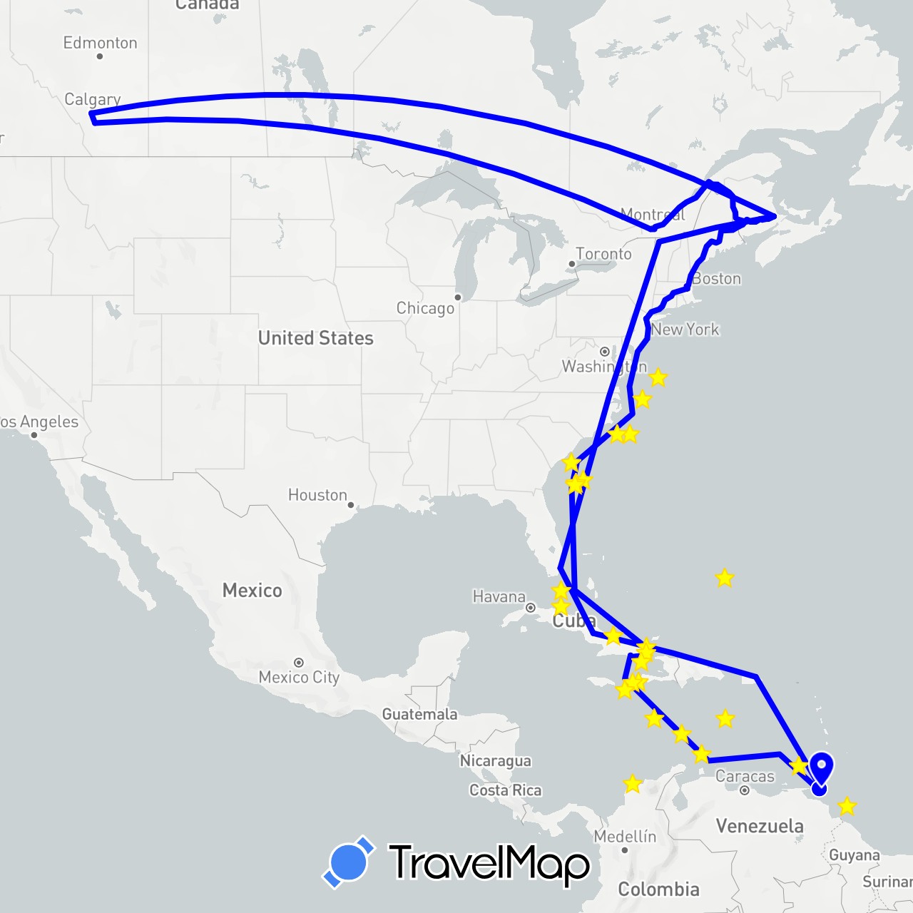 TravelMap itinerary: driving, ship, railway, cyril devaux's journey in Canada, Cuba, Puerto Rico, Trinidad and Tobago, United States (North America)